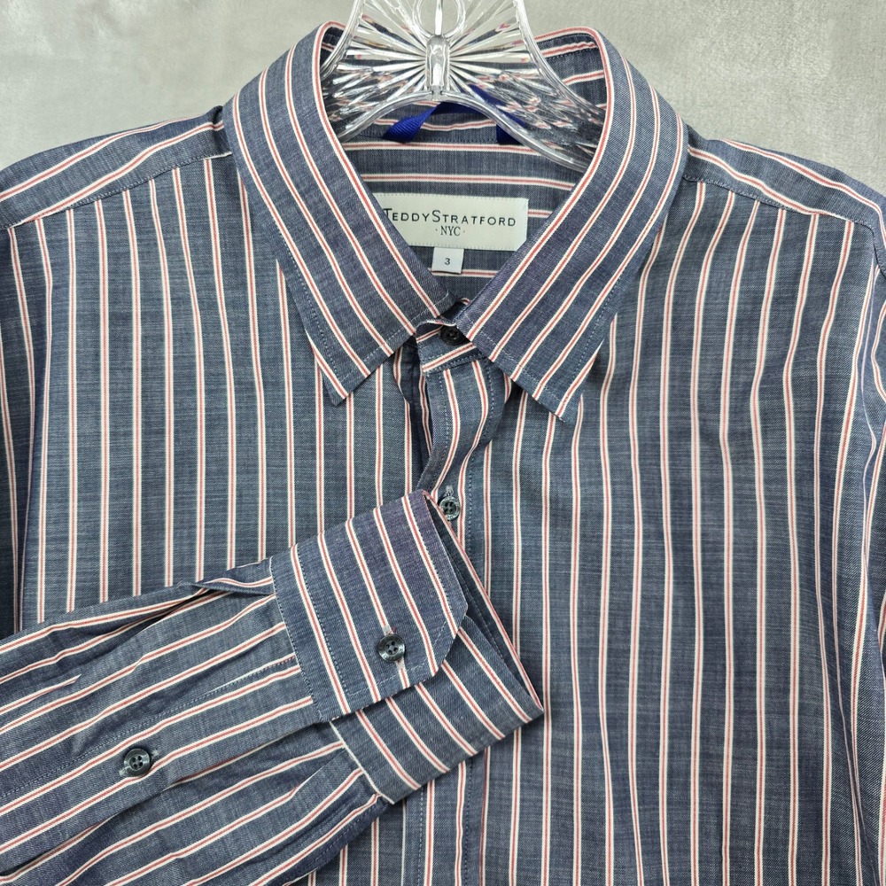 Teddy Stratford Button Down Shirt Mens 3 Blue Red Striped Long Sleeve Cotton